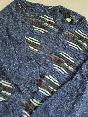 Vintage Tris Line Made in Italy Blue 3D Texture Cable Knit Coogi Style Sweater L